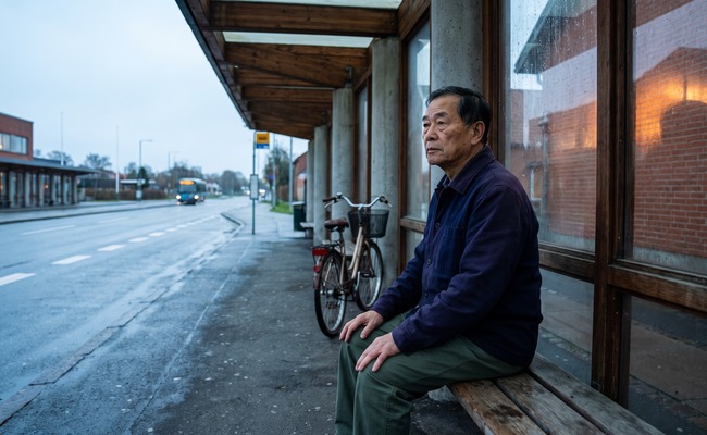 A person an older adult planning reliable transportation after a major car repair, seated empty-handed at a bus shelter and looking toward the road.