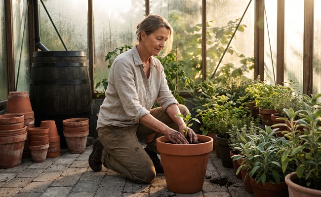 A person an adult rebuilding a reserve as a patient process: kneeling in a greenhouse patio and planting a seedling among empty pots.