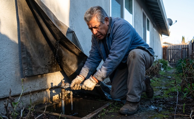 A person adult older homeowner stops a leak before comparing ways to pay for home repair without debt.