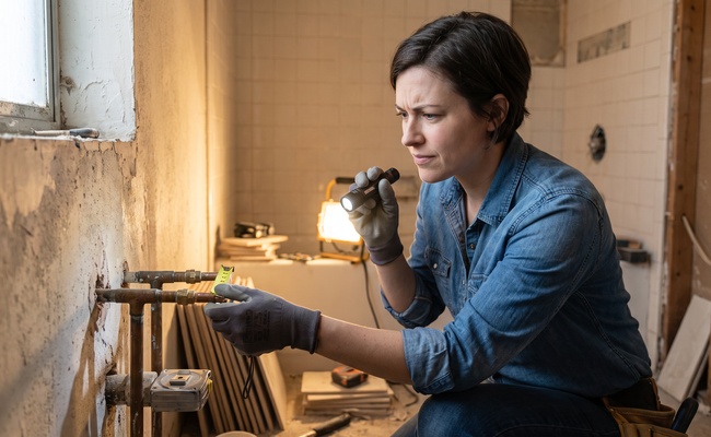 A person adult homeowner inspects repair details before comparing contractor estimates for a major home repair.
