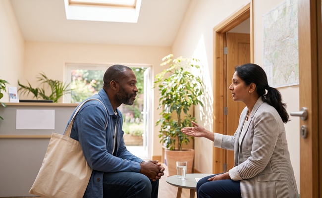 A person adult homeowner asks a housing counselor about assistance before borrowing for a major home repair.