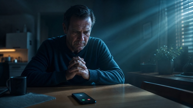 Worried man refusing to answer debt collector phone call at kitchen table at dusk