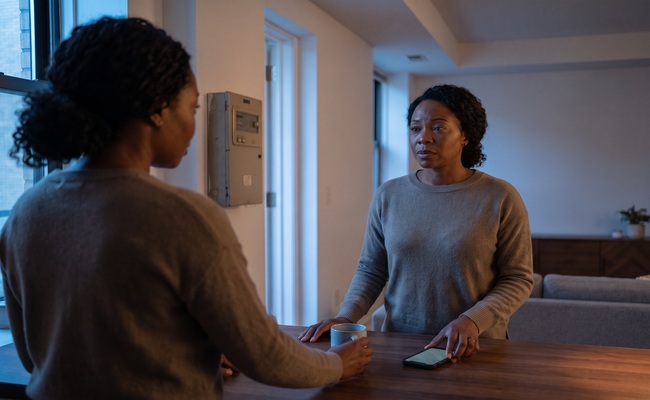 A person adult homeowner steadies herself before addressing a utility collection notice and current service risk.