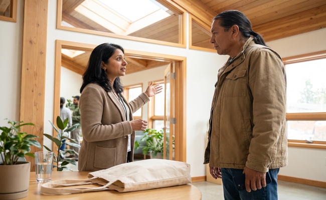 A person adult homeowner asks a counselor about energy assistance before paying a utility bill in collections.