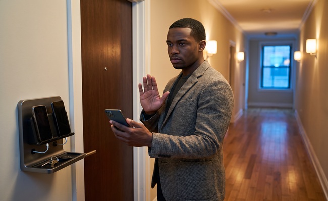 A person adult homeowner pauses an uncertain collection call before disputing an incorrect utility account.