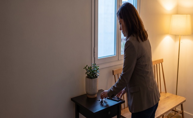 A renter steadies herself before contacting a landlord about catching up on rent arrears.