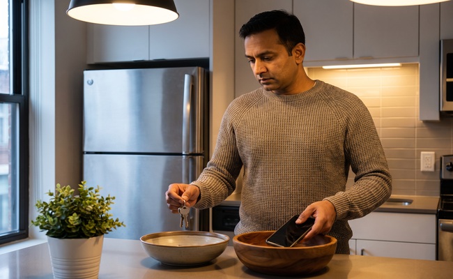 A renter organizes household priorities before choosing a rent-arrears payment amount.