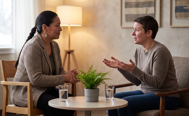 A renter discusses screening and housing options with a housing counselor.