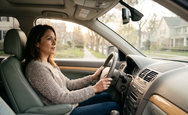 An adult driver sits in a car and considers safer ways to manage insurance costs.