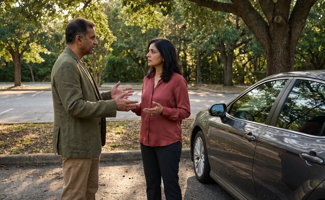Two adults compare car-repair savings choices beside their vehicle.