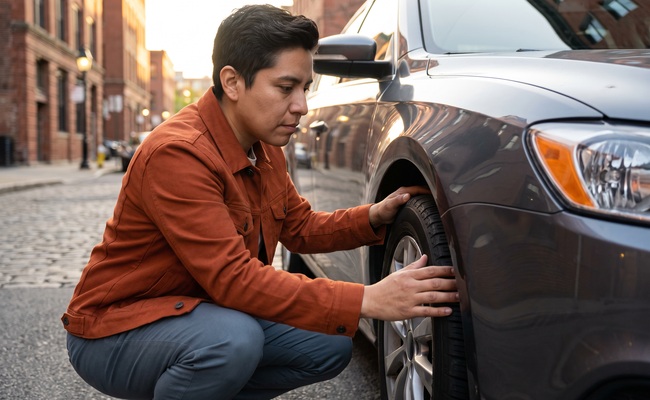 An adult inspects a well-kept car for accurate insurance details.