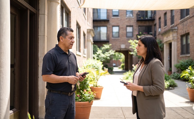 An adult calmly discusses a realistic payment option with a housing or utility representative.