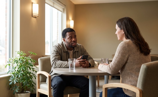 An adult seeks emergency housing and utility assistance from a community counselor.