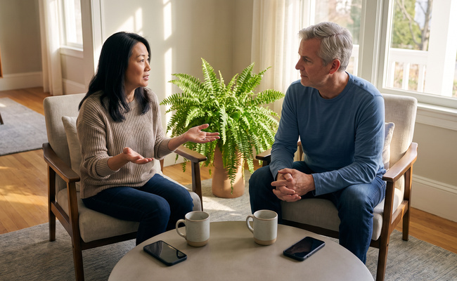 Two adults discuss whether family help should be a gift or a loan and set clear boundaries.