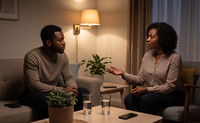 Two adult family members discuss respectful boundaries around financial help.