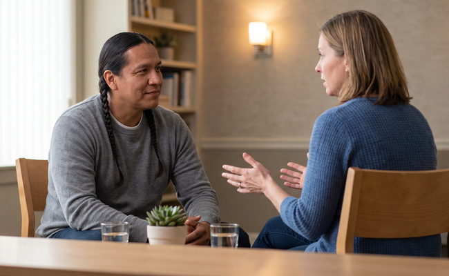An adult discusses family-borrowing questions with a qualified counselor.