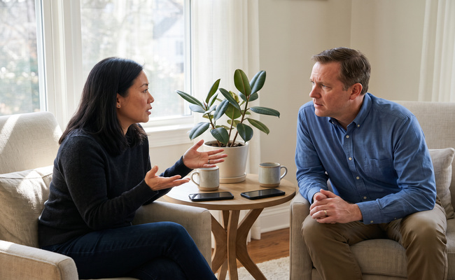 Two adults discuss protecting essential household needs while resolving a student loan default.