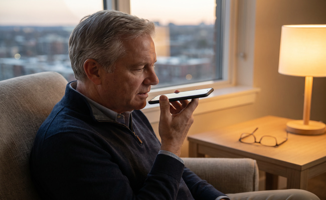 An older adult borrower records a reminder after speaking with a student loan servicer.