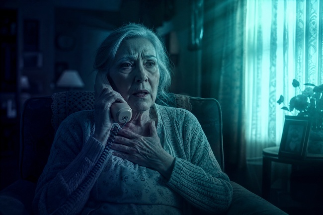 Debt collectors call family — worried elderly mother receiving an unexpected phone call from a debt collector about her son's debt