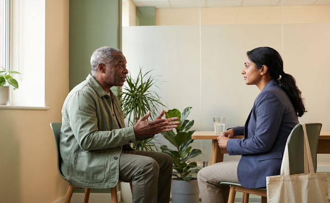 An older adult borrower discusses a possible hardship objection with a qualified community advocate.