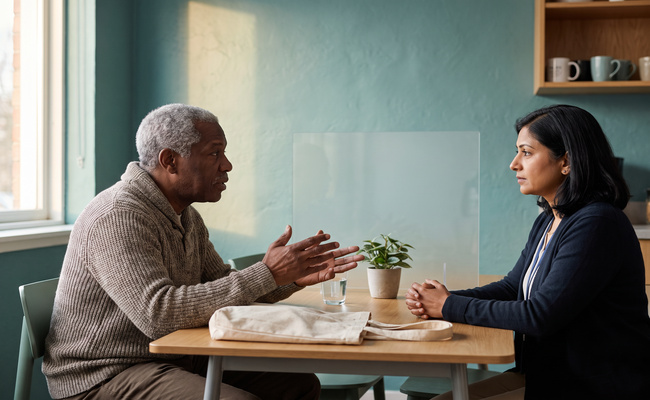 An older adult borrower discusses a tax-refund offset objection with a qualified counselor.