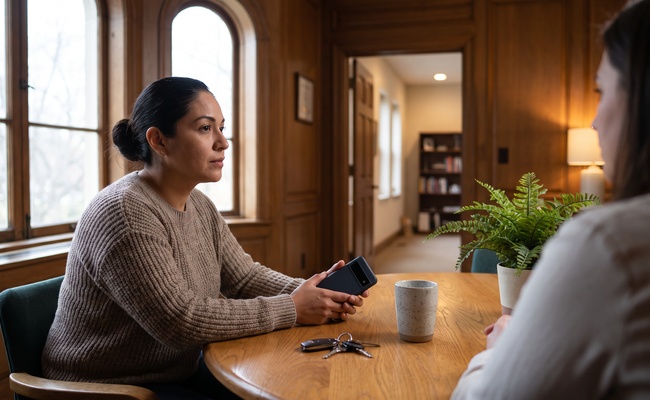 An adult taxpayer listens to guidance about an IRS bank levy notice in a community resource center.