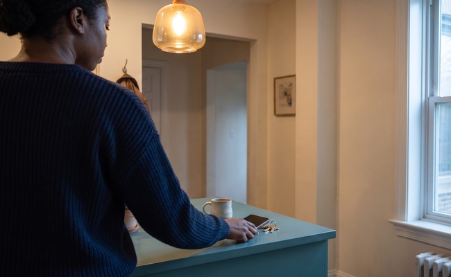 An adult woman reviews keys and account materials at a kitchen island while considering a tax lien versus tax levy.