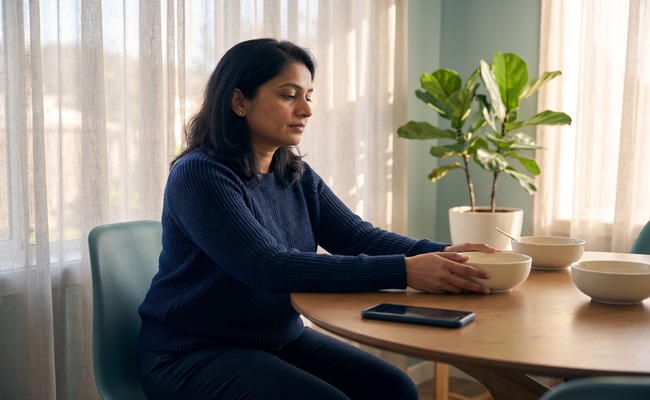 An adult woman reviews household account details at a table while considering a tax lien versus tax levy.