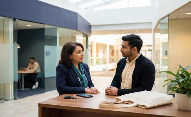 Two adults discuss tax lien versus tax levy documents and next steps at a table.