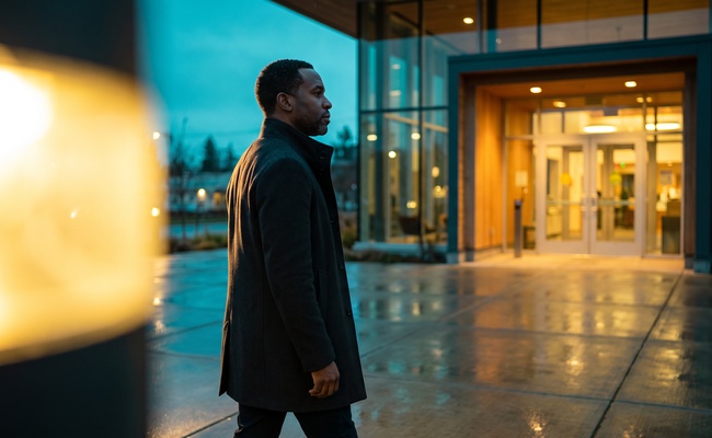 An adult taxpayer turns away from a tax-relief scam and walks toward an official resource.