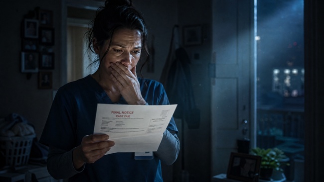 Shocked woman reading a collection letter for a zombie debt she settled years ago