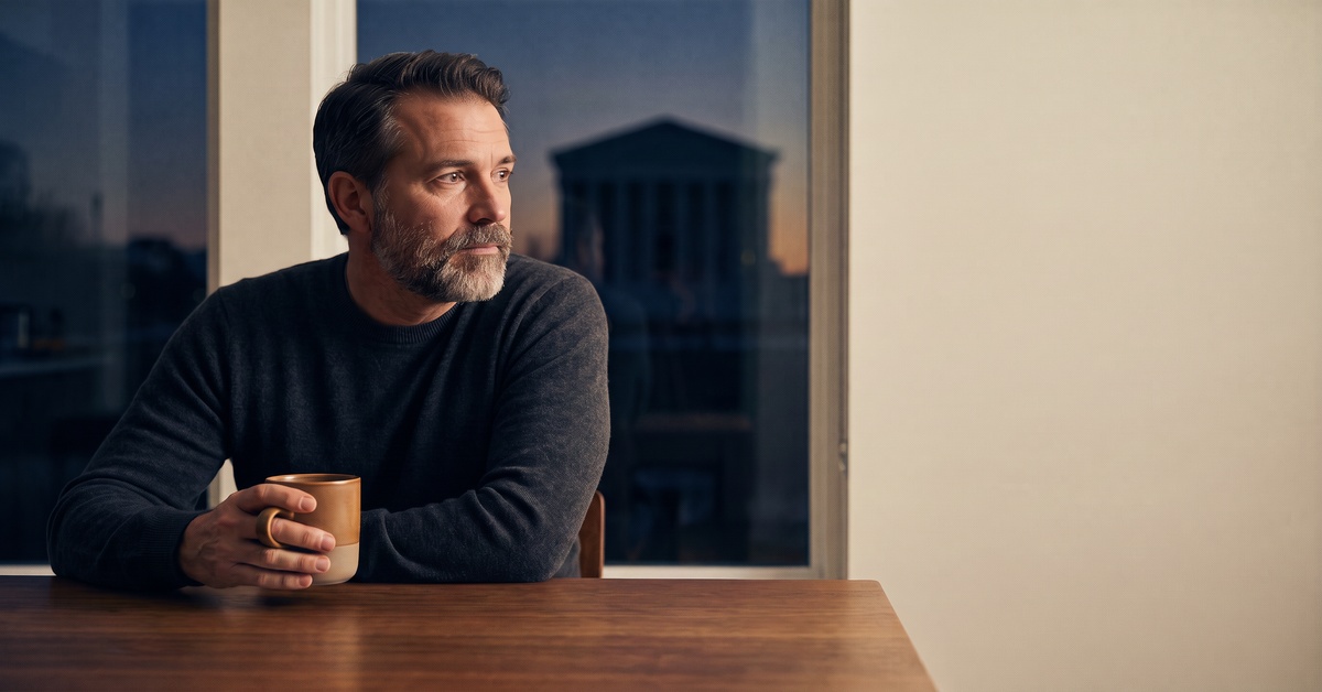 An adult borrower considers bankruptcy discharge tax debt in a calm, realistic home setting.