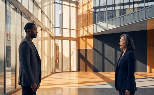 Two adults distinguish tax categories in a modern atrium without paperwork.