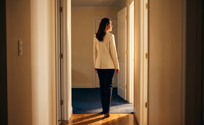 An adult woman walks through a warm hallway while weighing bankruptcy paths.