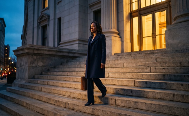 An adult woman weighs next actions on illuminated civic steps.
