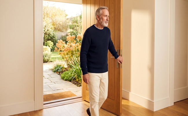 An older adult steps toward a carefully considered next action.