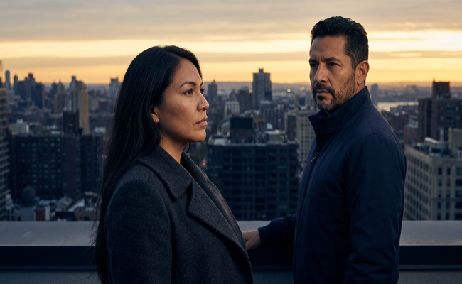 Two adults weigh bankruptcy and tax-debt alternatives against a city skyline.