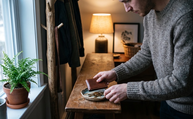 An adult organizes a wallet and keys on an entryway table before leaving home.