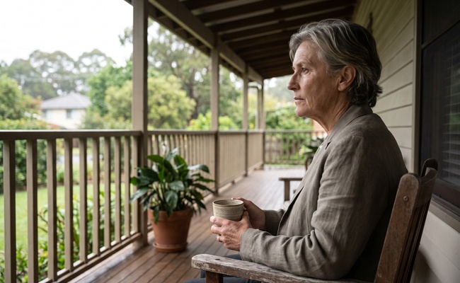 An adult pauses with a coffee cup on a covered porch while considering a monthly plan.