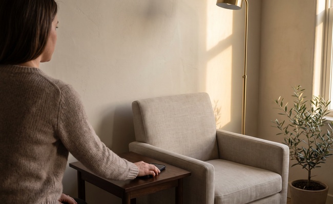 An adult turns a phone face down on a side table before settling into a living-room chair.