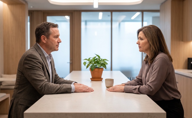 Two adults speak quietly across an unbranded service counter in a calm consultation setting.