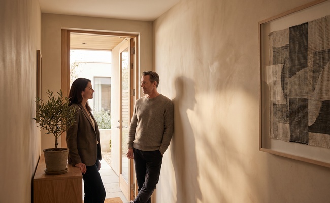 Two adults speak calmly near an open doorway in a neutral hallway.