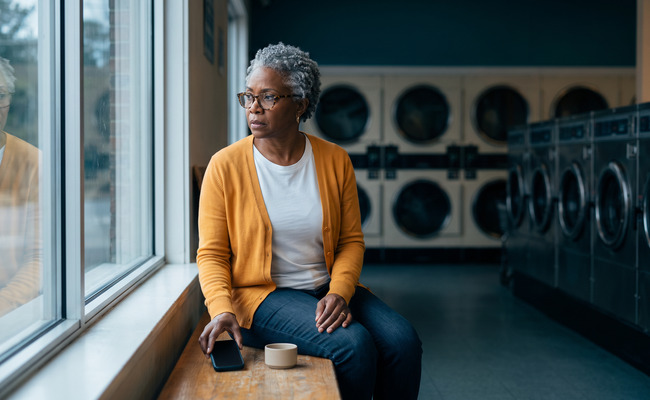 A woman reviewing payment obligations after missed buy now pay later payments in a laundromat.