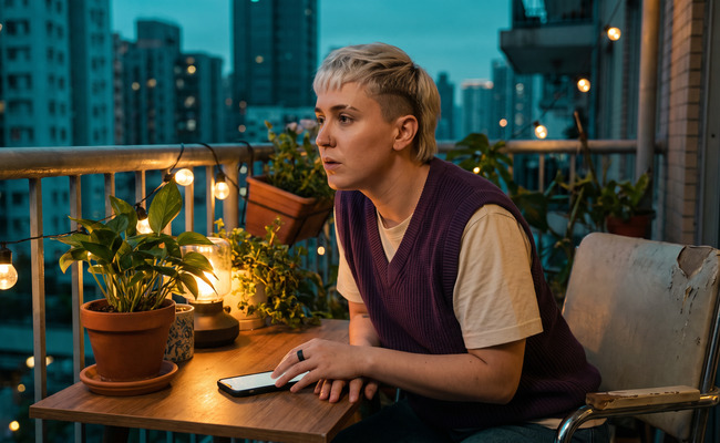 An adult pauses new purchases while reviewing missed buy now pay later payments on a balcony.