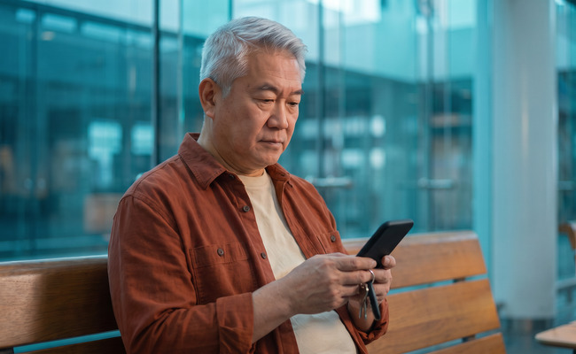 A man pauses with his phone turned away after several missed buy now pay later reminders.
