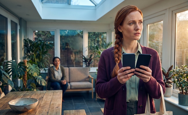 Person reviewing payment items at a sunroom table with another person nearby.