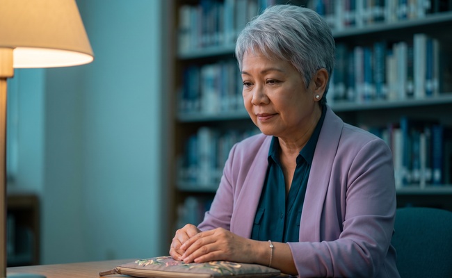 Person pausing in a quiet library alcove with a small pouch.