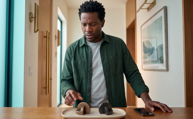 A man weighing two payment options, bnpl-vs-credit-cards-debt-risk, beside a home entry table.