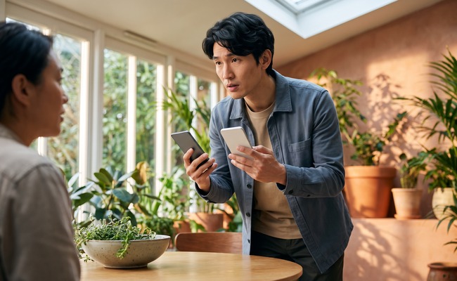 Two people reviewing payment timing at a sunlit table.
