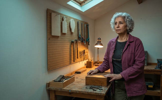 Person pausing beside a workshop bench with keys and a closed box.